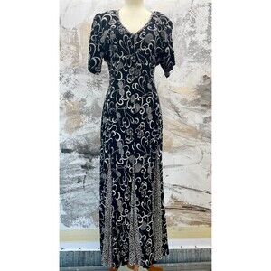 Vintage 90s Black White Midi Maxi Dress Medium-Large Short Sleeve Dress 90s